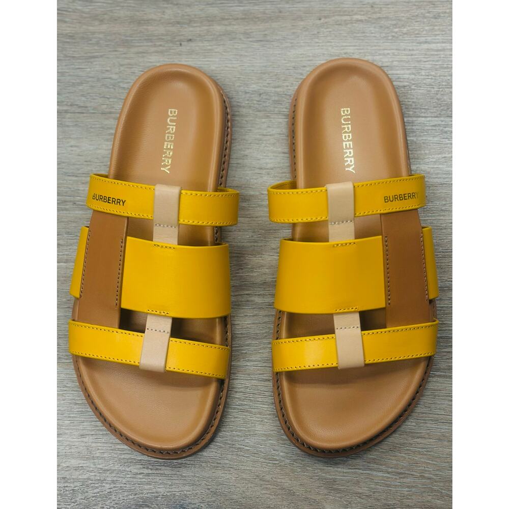 BURBERRY Yellow & Tan Thelma Color Block Leather Slides Sandals Sz. 37 MRSP $790